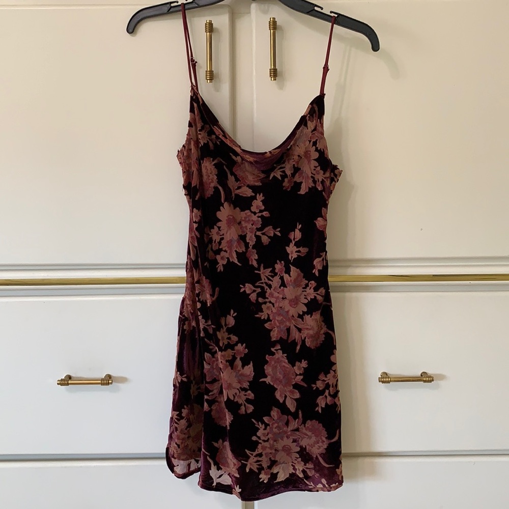 Cowl neck, maroon, floral dress